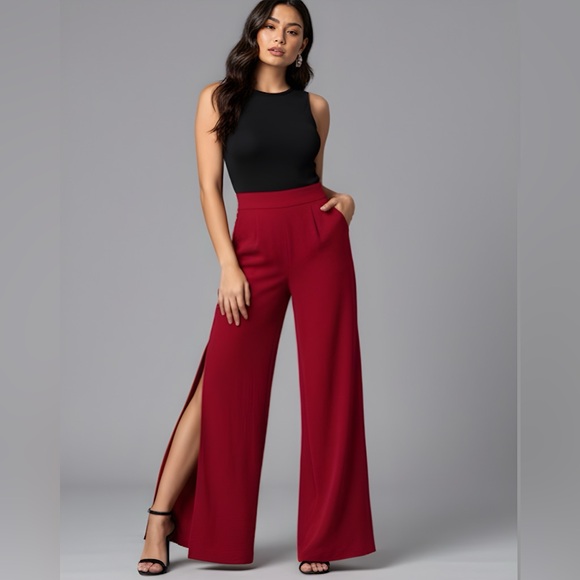 Burgundy Split Thigh Wide Leg Pants - Picture 4 of 8